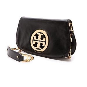 Tory Burch Black Logo Clutch With Chain